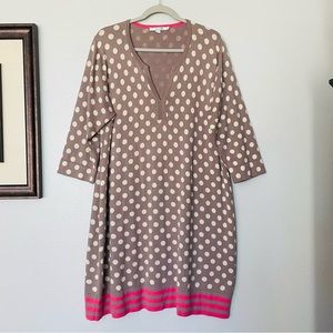Boden Taupe Polka Dot Knit Dress with Pink Stripe Hem